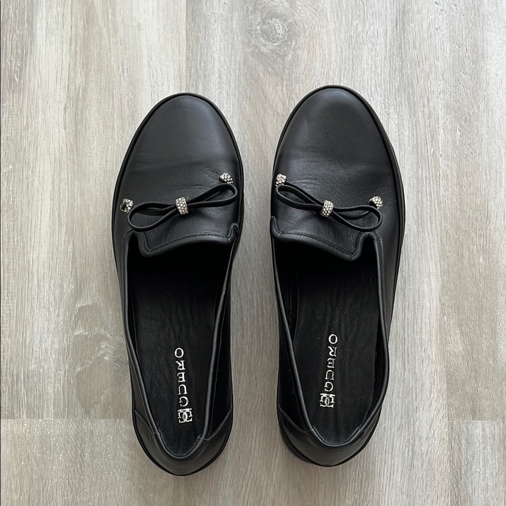 Black Leather Loafers with Bow Detail